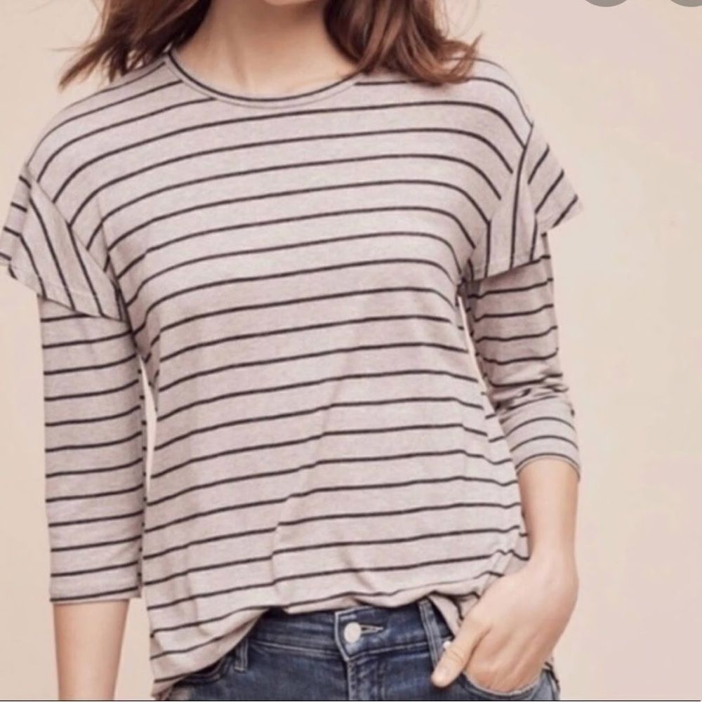 Anthropologie Dolan Grey Black Striped 3/4 Ruffle Sleeve Blouse Sz M Preppy Cozy
